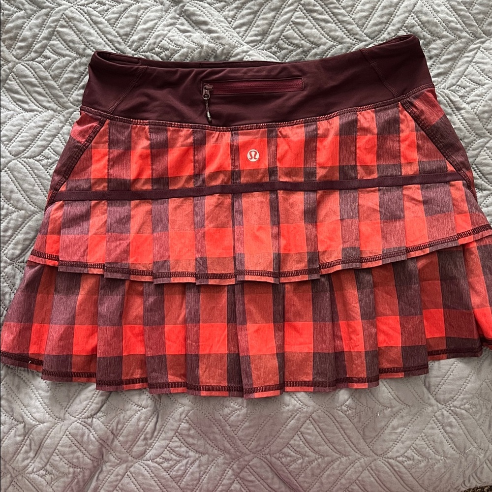 Lululemon Pace Setter Yama Check Flaming Tomato Bordeaux Skirt Sz 6 - Picture 4 of 7